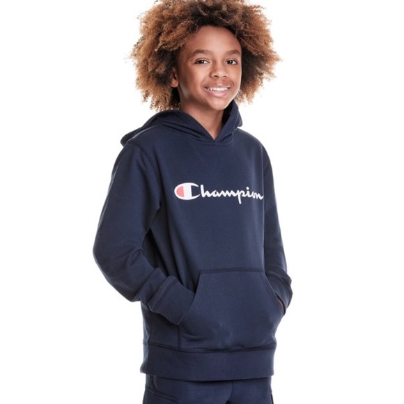 Champion Boys Navy Blue French Terry Hoodie, Classic Script - Picture 1 of 4